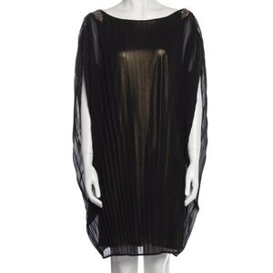 Aidan Mattox Black Sheer Pleated Gold Metallic Knee Length Cocktail Dress 2